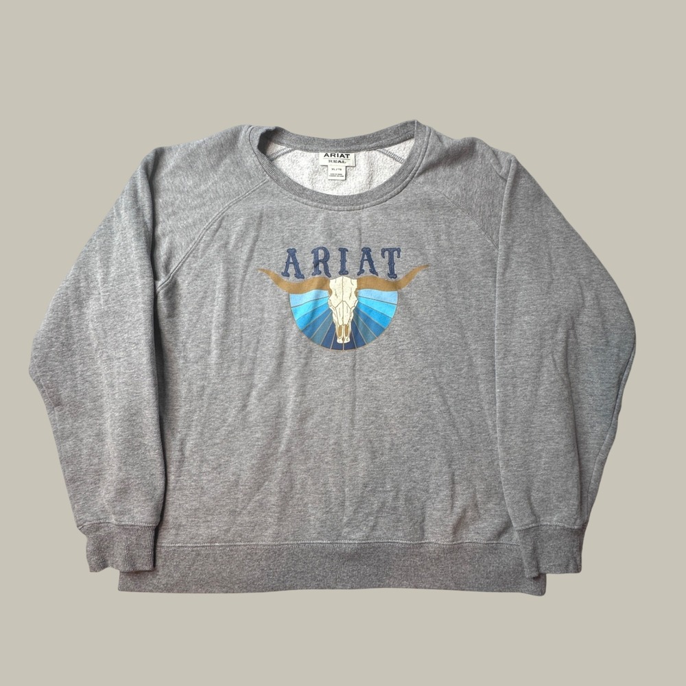 Ariat Sweatshirt Womens XL Real Pacific Steerhead Grey Graphic Pullover EXCEL